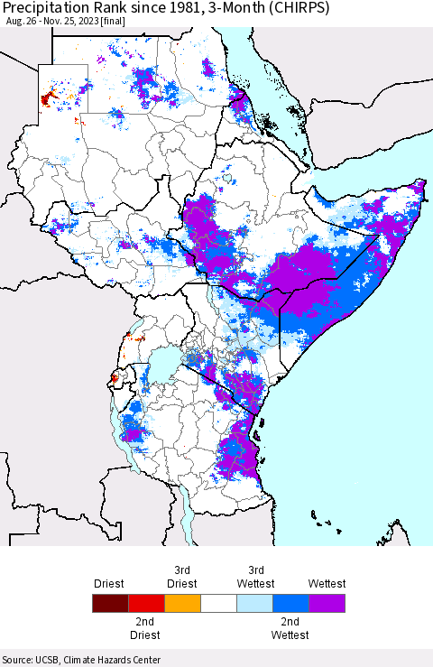 Eastern Africa Precipitation Rank since 1981, 3-Month (CHIRPS) Thematic Map For 8/26/2023 - 11/25/2023
