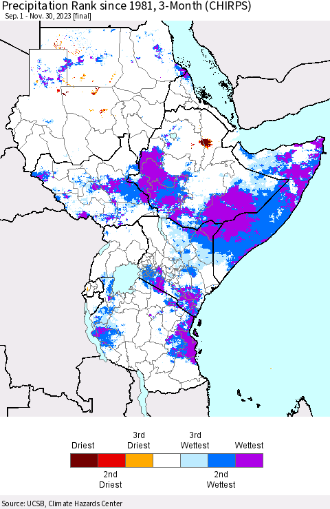 Eastern Africa Precipitation Rank since 1981, 3-Month (CHIRPS) Thematic Map For 9/1/2023 - 11/30/2023