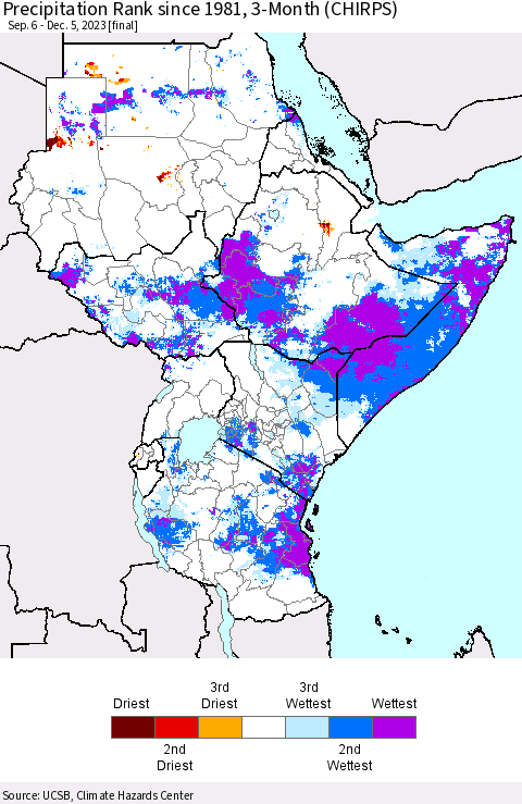 Eastern Africa Precipitation Rank since 1981, 3-Month (CHIRPS) Thematic Map For 9/6/2023 - 12/5/2023