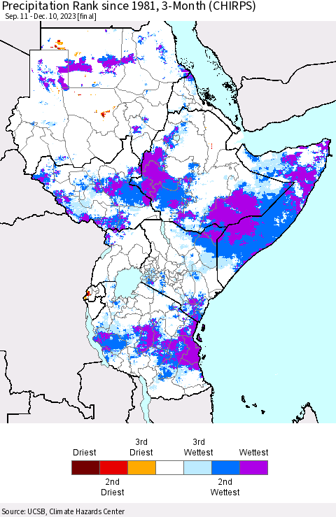 Eastern Africa Precipitation Rank since 1981, 3-Month (CHIRPS) Thematic Map For 9/11/2023 - 12/10/2023