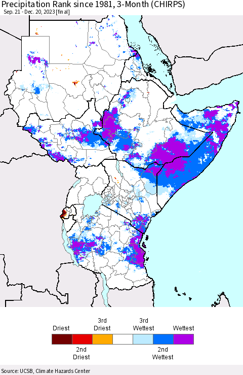 Eastern Africa Precipitation Rank since 1981, 3-Month (CHIRPS) Thematic Map For 9/21/2023 - 12/20/2023