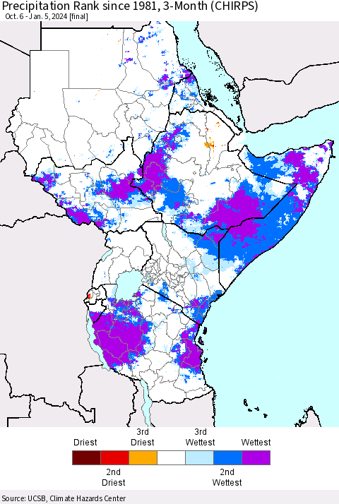 Eastern Africa Precipitation Rank since 1981, 3-Month (CHIRPS) Thematic Map For 10/6/2023 - 1/5/2024