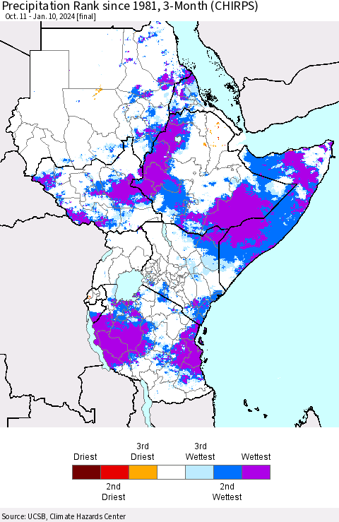 Eastern Africa Precipitation Rank since 1981, 3-Month (CHIRPS) Thematic Map For 10/11/2023 - 1/10/2024