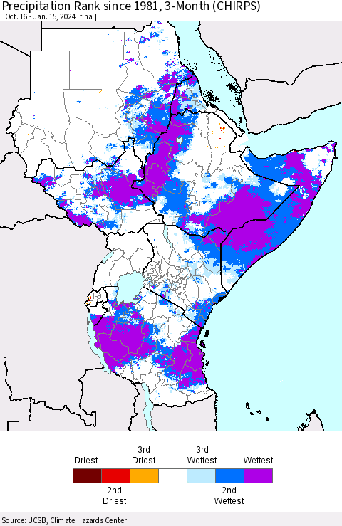 Eastern Africa Precipitation Rank since 1981, 3-Month (CHIRPS) Thematic Map For 10/16/2023 - 1/15/2024