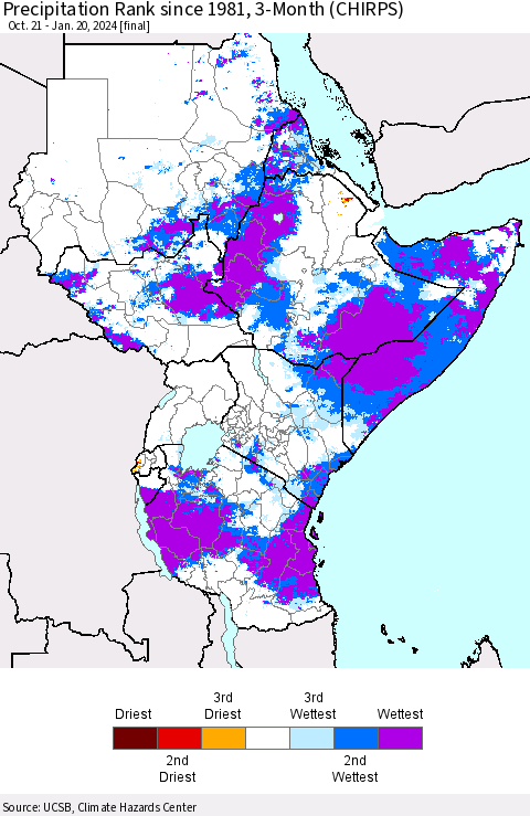 Eastern Africa Precipitation Rank since 1981, 3-Month (CHIRPS) Thematic Map For 10/21/2023 - 1/20/2024