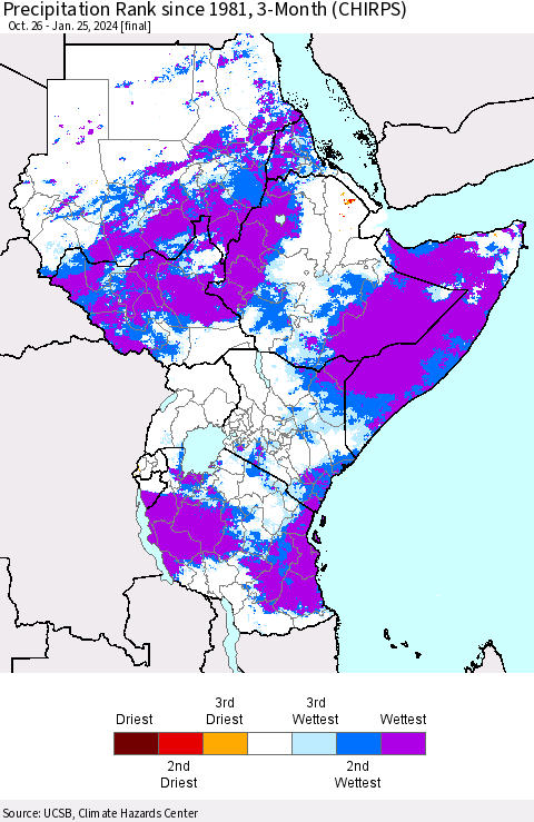 Eastern Africa Precipitation Rank since 1981, 3-Month (CHIRPS) Thematic Map For 10/26/2023 - 1/25/2024