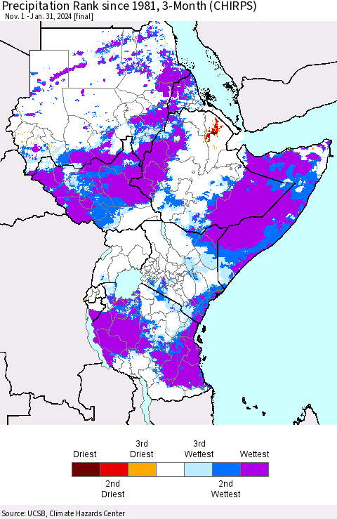 Eastern Africa Precipitation Rank since 1981, 3-Month (CHIRPS) Thematic Map For 11/1/2023 - 1/31/2024