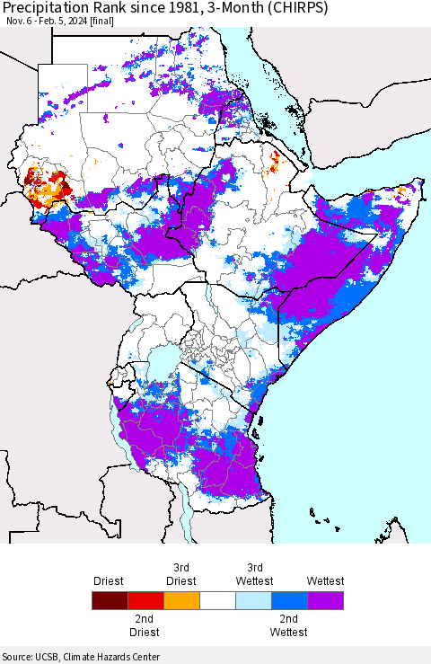 Eastern Africa Precipitation Rank since 1981, 3-Month (CHIRPS) Thematic Map For 11/6/2023 - 2/5/2024