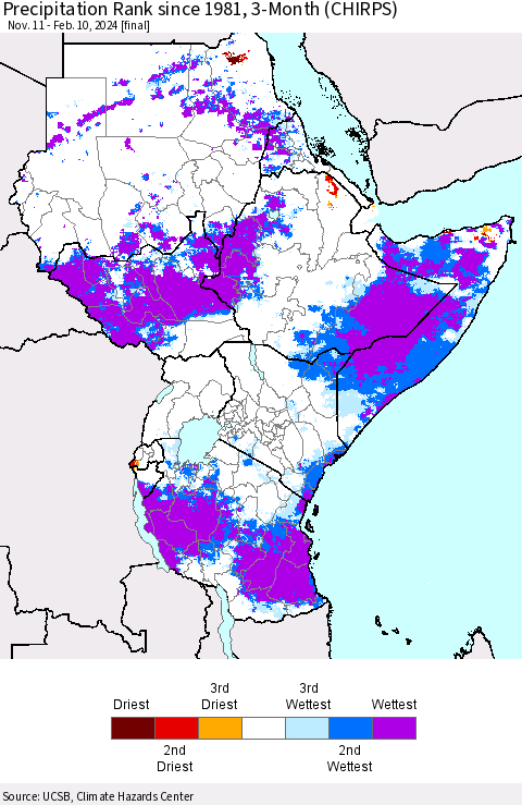 Eastern Africa Precipitation Rank since 1981, 3-Month (CHIRPS) Thematic Map For 11/11/2023 - 2/10/2024