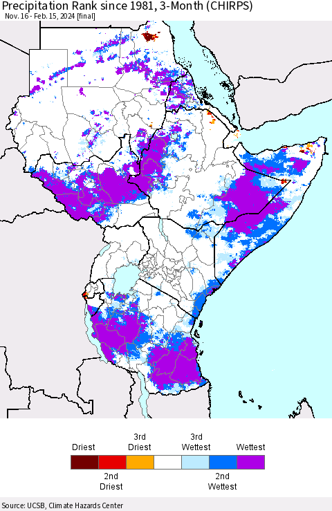 Eastern Africa Precipitation Rank since 1981, 3-Month (CHIRPS) Thematic Map For 11/16/2023 - 2/15/2024