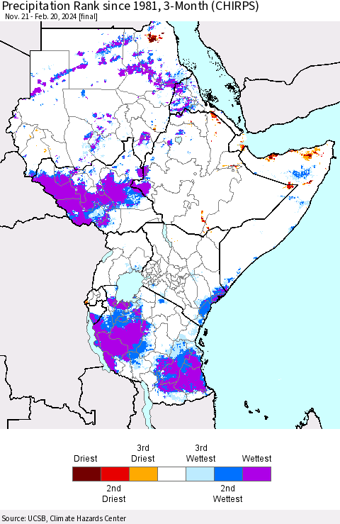 Eastern Africa Precipitation Rank since 1981, 3-Month (CHIRPS) Thematic Map For 11/21/2023 - 2/20/2024