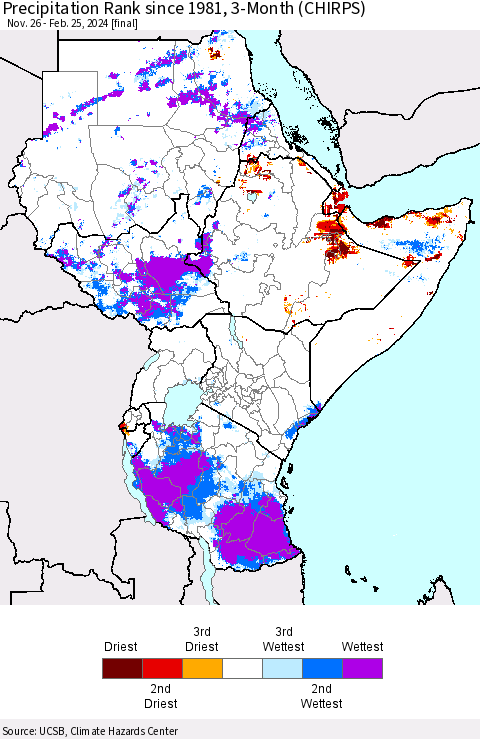 Eastern Africa Precipitation Rank since 1981, 3-Month (CHIRPS) Thematic Map For 11/26/2023 - 2/25/2024