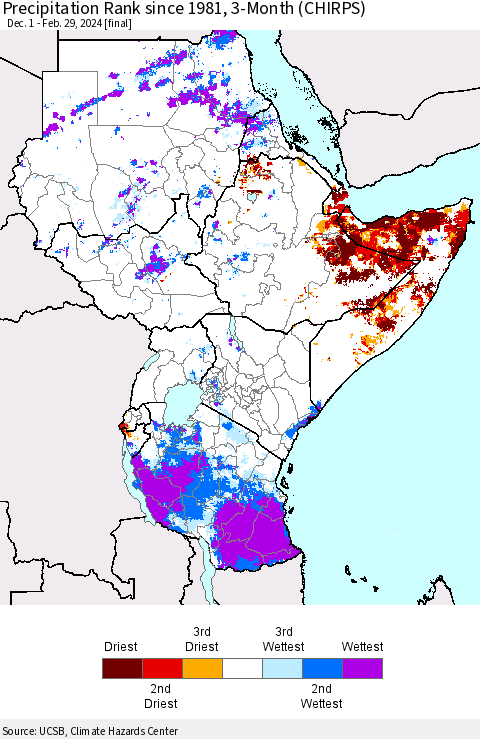 Eastern Africa Precipitation Rank since 1981, 3-Month (CHIRPS) Thematic Map For 12/1/2023 - 2/29/2024
