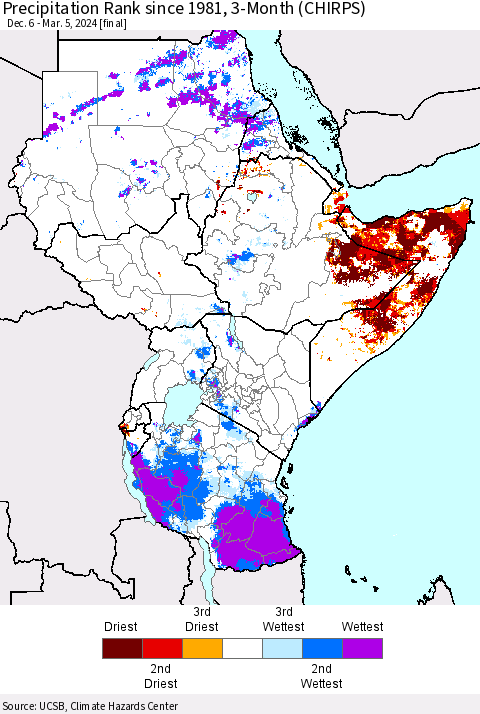 Eastern Africa Precipitation Rank since 1981, 3-Month (CHIRPS) Thematic Map For 12/6/2023 - 3/5/2024
