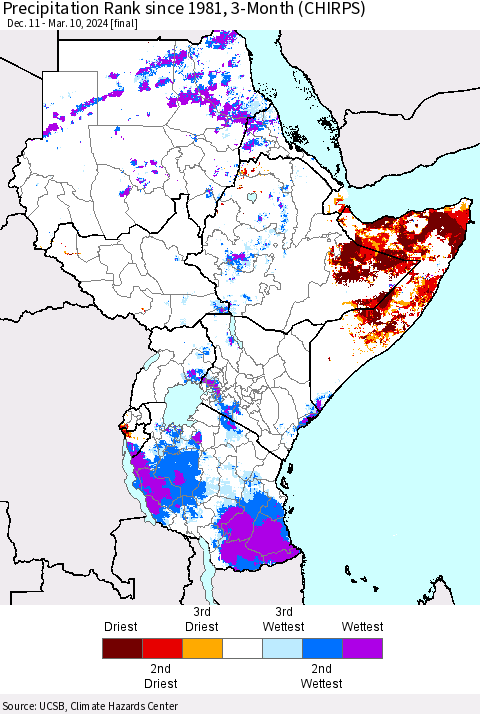 Eastern Africa Precipitation Rank since 1981, 3-Month (CHIRPS) Thematic Map For 12/11/2023 - 3/10/2024