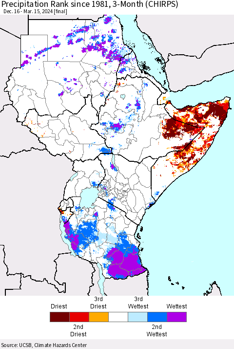 Eastern Africa Precipitation Rank since 1981, 3-Month (CHIRPS) Thematic Map For 12/16/2023 - 3/15/2024