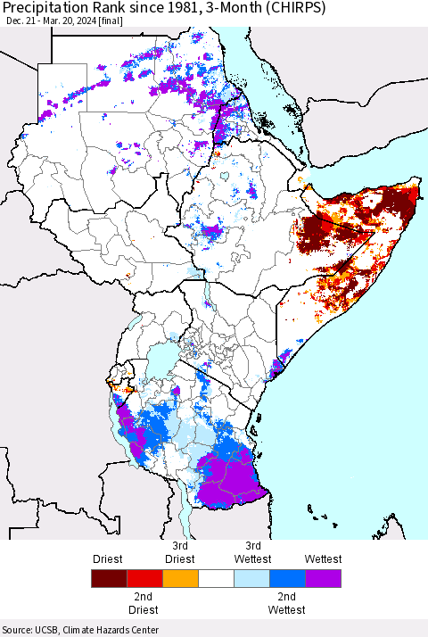 Eastern Africa Precipitation Rank since 1981, 3-Month (CHIRPS) Thematic Map For 12/21/2023 - 3/20/2024