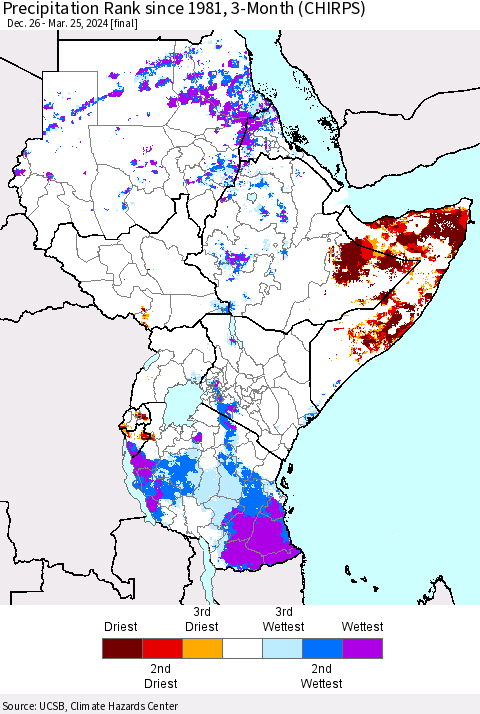 Eastern Africa Precipitation Rank since 1981, 3-Month (CHIRPS) Thematic Map For 12/26/2023 - 3/25/2024