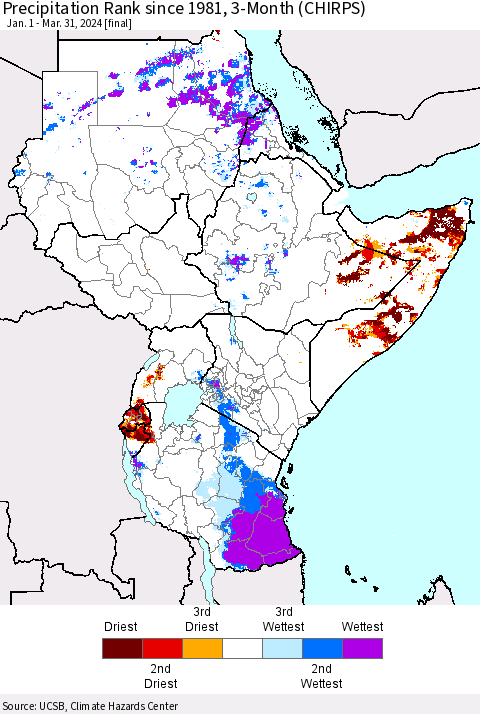 Eastern Africa Precipitation Rank since 1981, 3-Month (CHIRPS) Thematic Map For 1/1/2024 - 3/31/2024