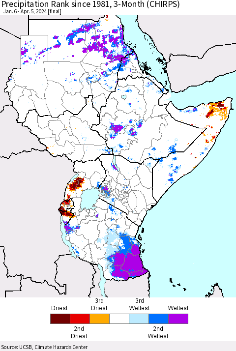 Eastern Africa Precipitation Rank since 1981, 3-Month (CHIRPS) Thematic Map For 1/6/2024 - 4/5/2024