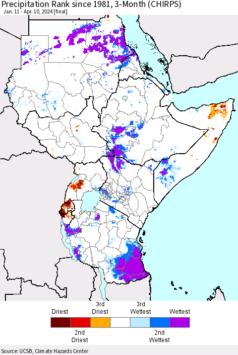 Eastern Africa Precipitation Rank since 1981, 3-Month (CHIRPS) Thematic Map For 1/11/2024 - 4/10/2024