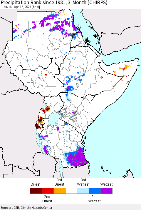 Eastern Africa Precipitation Rank since 1981, 3-Month (CHIRPS) Thematic Map For 1/16/2024 - 4/15/2024