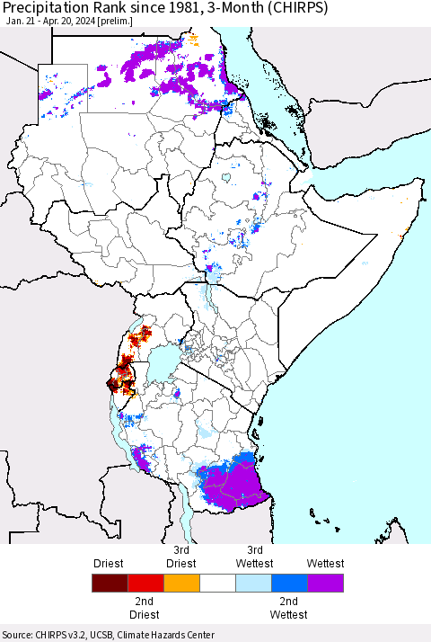 Eastern Africa Precipitation Rank since 1981, 3-Month (CHIRPS) Thematic Map For 1/21/2024 - 4/20/2024