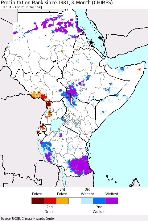 Eastern Africa Precipitation Rank since 1981, 3-Month (CHIRPS) Thematic Map For 1/26/2024 - 4/25/2024