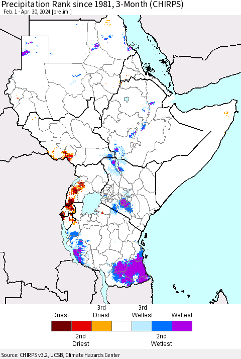 Eastern Africa Precipitation Rank since 1981, 3-Month (CHIRPS) Thematic Map For 2/1/2024 - 4/30/2024