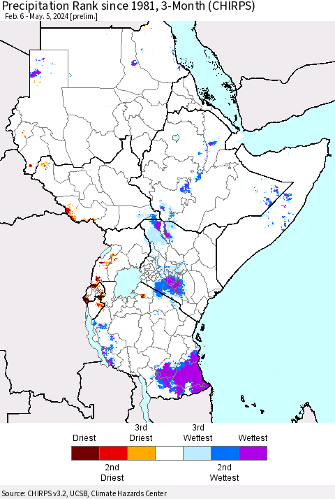 Eastern Africa Precipitation Rank since 1981, 3-Month (CHIRPS) Thematic Map For 2/6/2024 - 5/5/2024