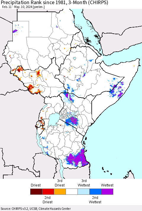 Eastern Africa Precipitation Rank since 1981, 3-Month (CHIRPS) Thematic Map For 2/11/2024 - 5/10/2024