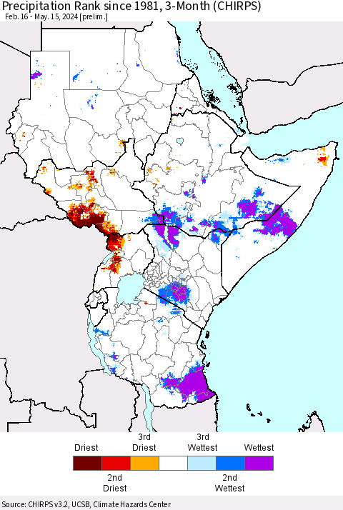 Eastern Africa Precipitation Rank since 1981, 3-Month (CHIRPS) Thematic Map For 2/16/2024 - 5/15/2024