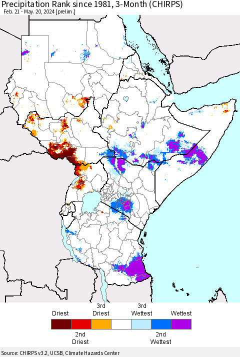Eastern Africa Precipitation Rank since 1981, 3-Month (CHIRPS) Thematic Map For 2/21/2024 - 5/20/2024