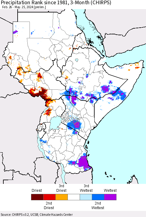Eastern Africa Precipitation Rank since 1981, 3-Month (CHIRPS) Thematic Map For 2/26/2024 - 5/25/2024