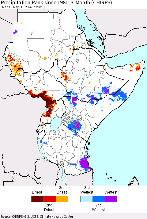 Eastern Africa Precipitation Rank since 1981, 3-Month (CHIRPS) Thematic Map For 3/1/2024 - 5/31/2024