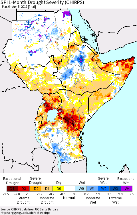 Eastern Africa SPI 1-Month Drought Severity (CHIRPS) Thematic Map For 3/6/2019 - 4/5/2019