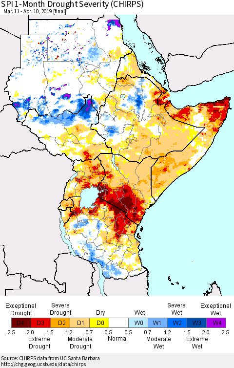 Eastern Africa SPI 1-Month Drought Severity (CHIRPS) Thematic Map For 3/11/2019 - 4/10/2019