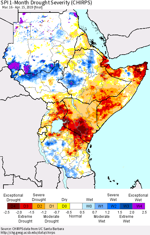 Eastern Africa SPI 1-Month Drought Severity (CHIRPS) Thematic Map For 3/16/2019 - 4/15/2019