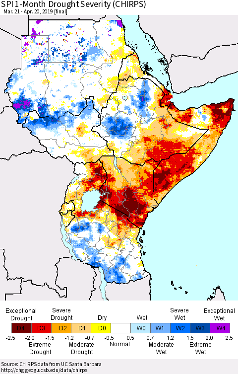 Eastern Africa SPI 1-Month Drought Severity (CHIRPS) Thematic Map For 3/21/2019 - 4/20/2019