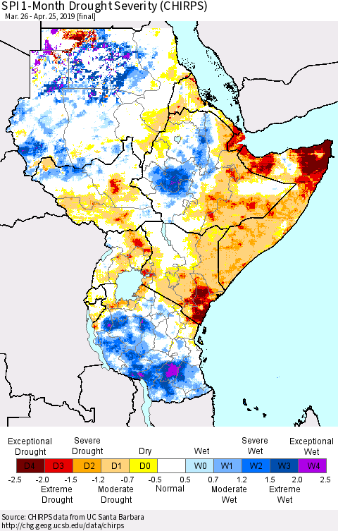 Eastern Africa SPI 1-Month Drought Severity (CHIRPS) Thematic Map For 3/26/2019 - 4/25/2019