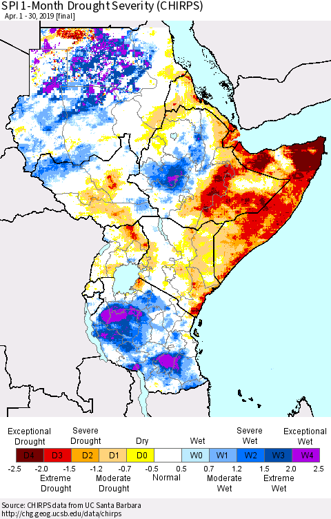 Eastern Africa SPI 1-Month Drought Severity (CHIRPS) Thematic Map For 4/1/2019 - 4/30/2019