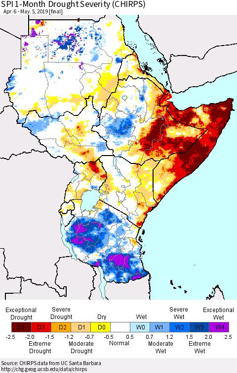Eastern Africa SPI 1-Month Drought Severity (CHIRPS) Thematic Map For 4/6/2019 - 5/5/2019