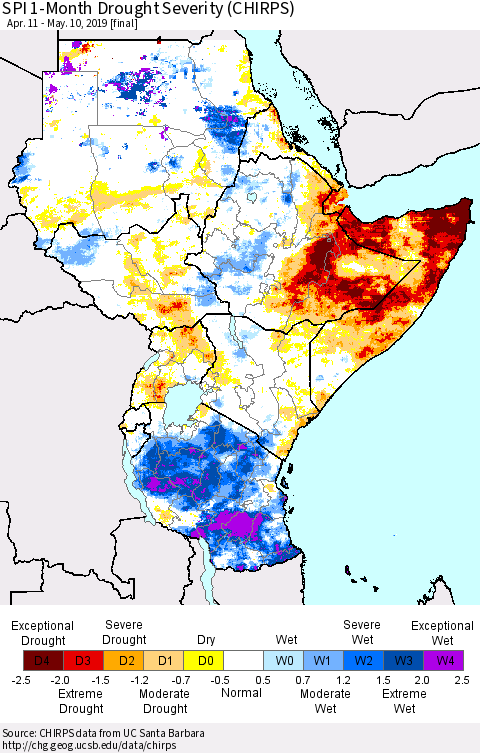 Eastern Africa SPI 1-Month Drought Severity (CHIRPS) Thematic Map For 4/11/2019 - 5/10/2019