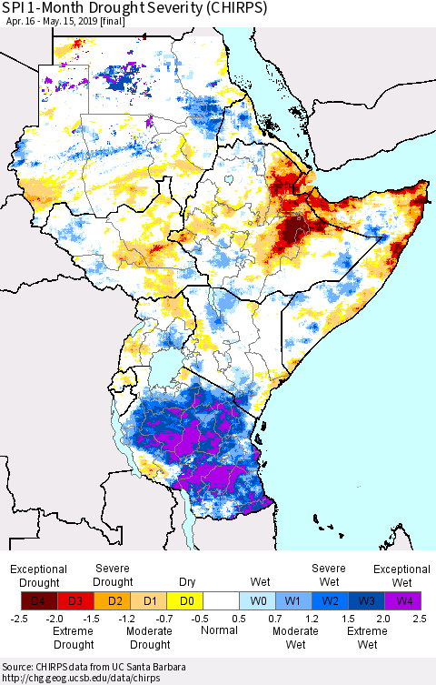 Eastern Africa SPI 1-Month Drought Severity (CHIRPS) Thematic Map For 4/16/2019 - 5/15/2019
