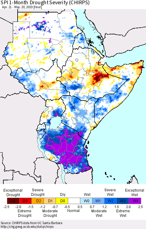 Eastern Africa SPI 1-Month Drought Severity (CHIRPS) Thematic Map For 4/21/2019 - 5/20/2019