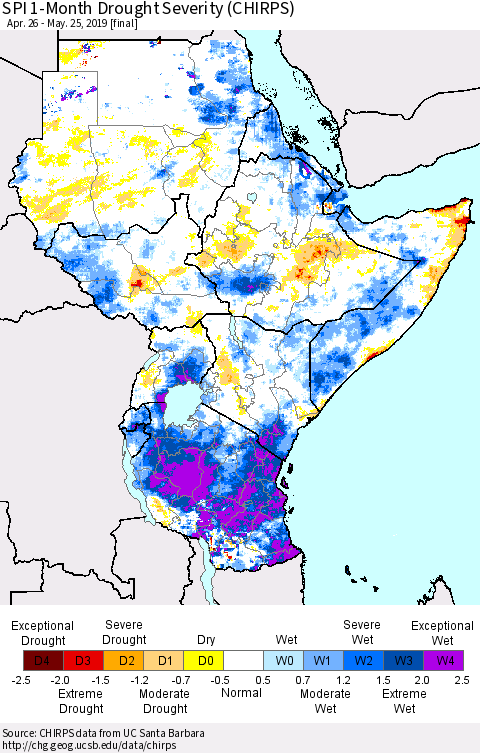 Eastern Africa SPI 1-Month Drought Severity (CHIRPS) Thematic Map For 4/26/2019 - 5/25/2019