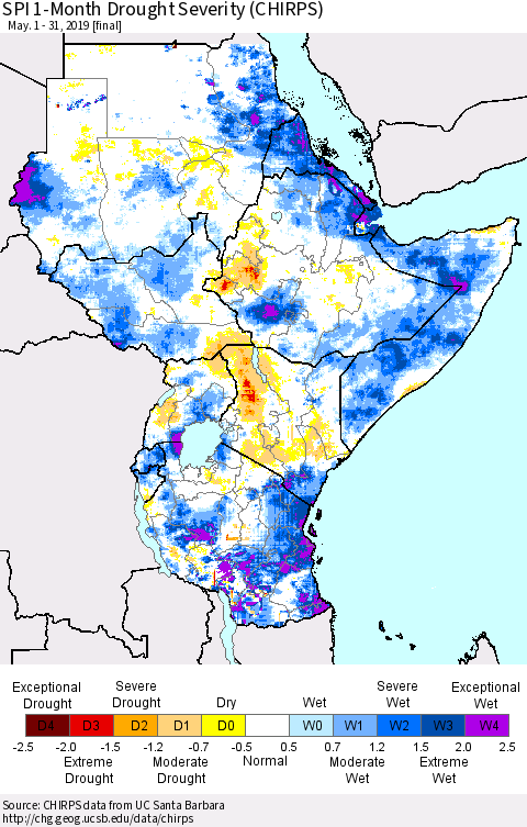 Eastern Africa SPI 1-Month Drought Severity (CHIRPS) Thematic Map For 5/1/2019 - 5/31/2019