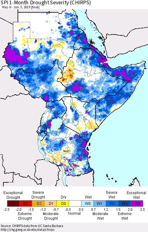 Eastern Africa SPI 1-Month Drought Severity (CHIRPS) Thematic Map For 5/6/2019 - 6/5/2019