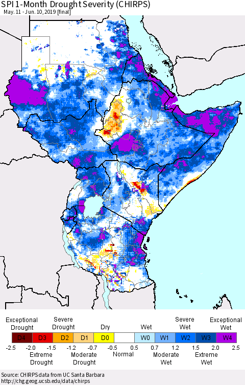Eastern Africa SPI 1-Month Drought Severity (CHIRPS) Thematic Map For 5/11/2019 - 6/10/2019