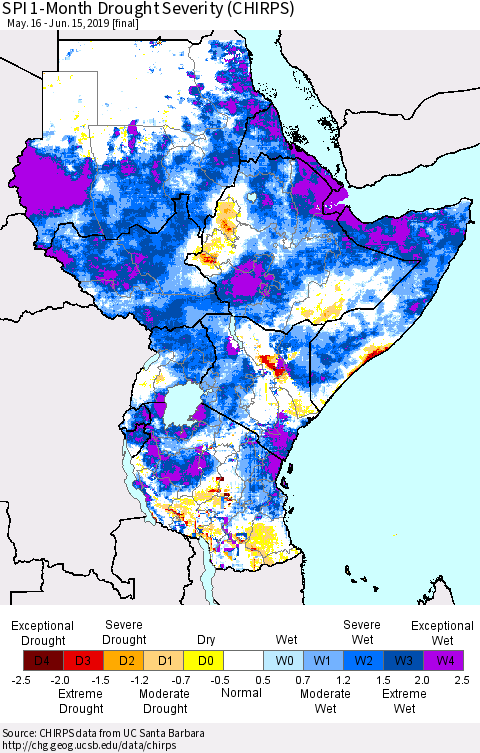 Eastern Africa SPI 1-Month Drought Severity (CHIRPS) Thematic Map For 5/16/2019 - 6/15/2019